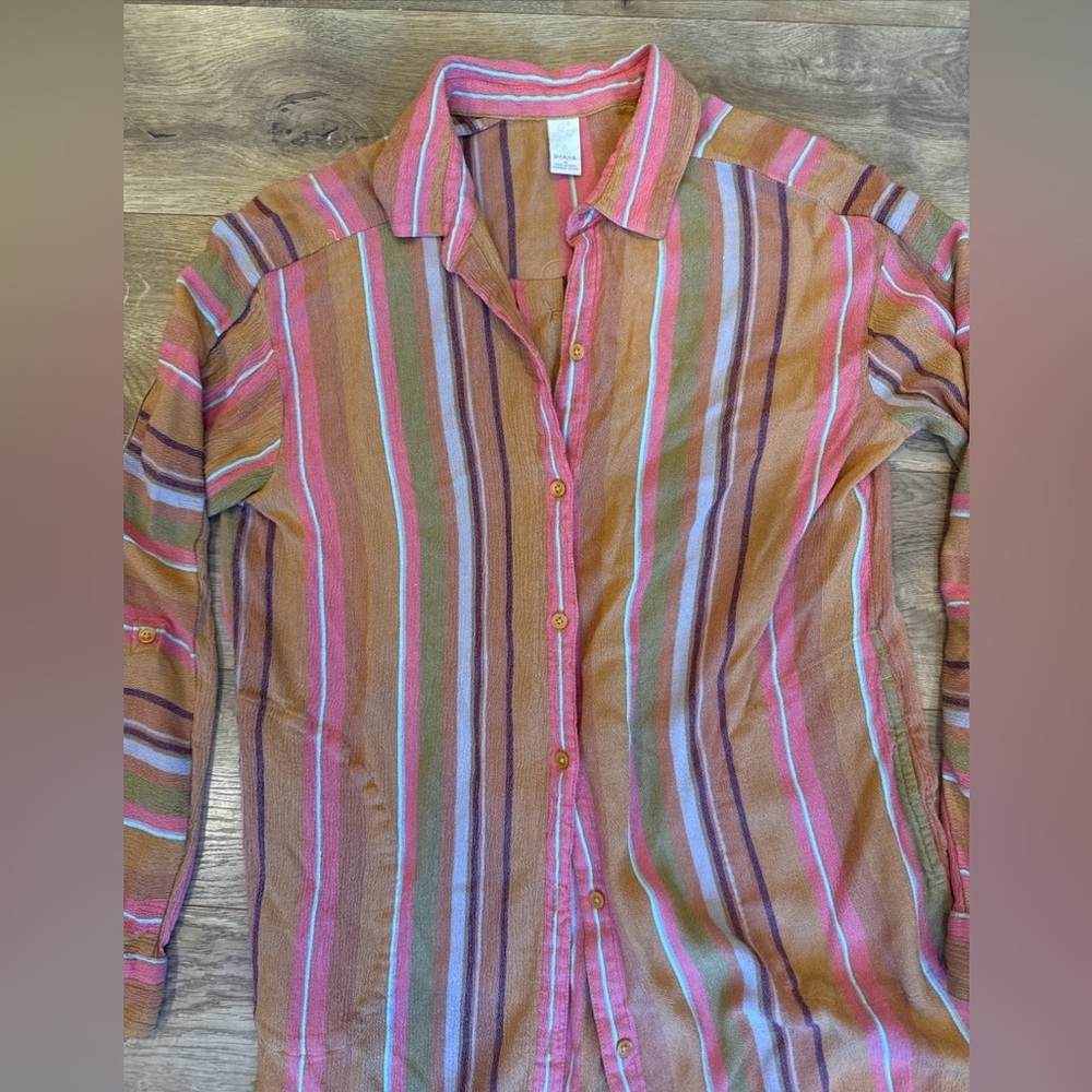 PrAna Womens SzMedium Orange Striped High Low Button Front Shirt Beach Coverup - Picture 4 of 9